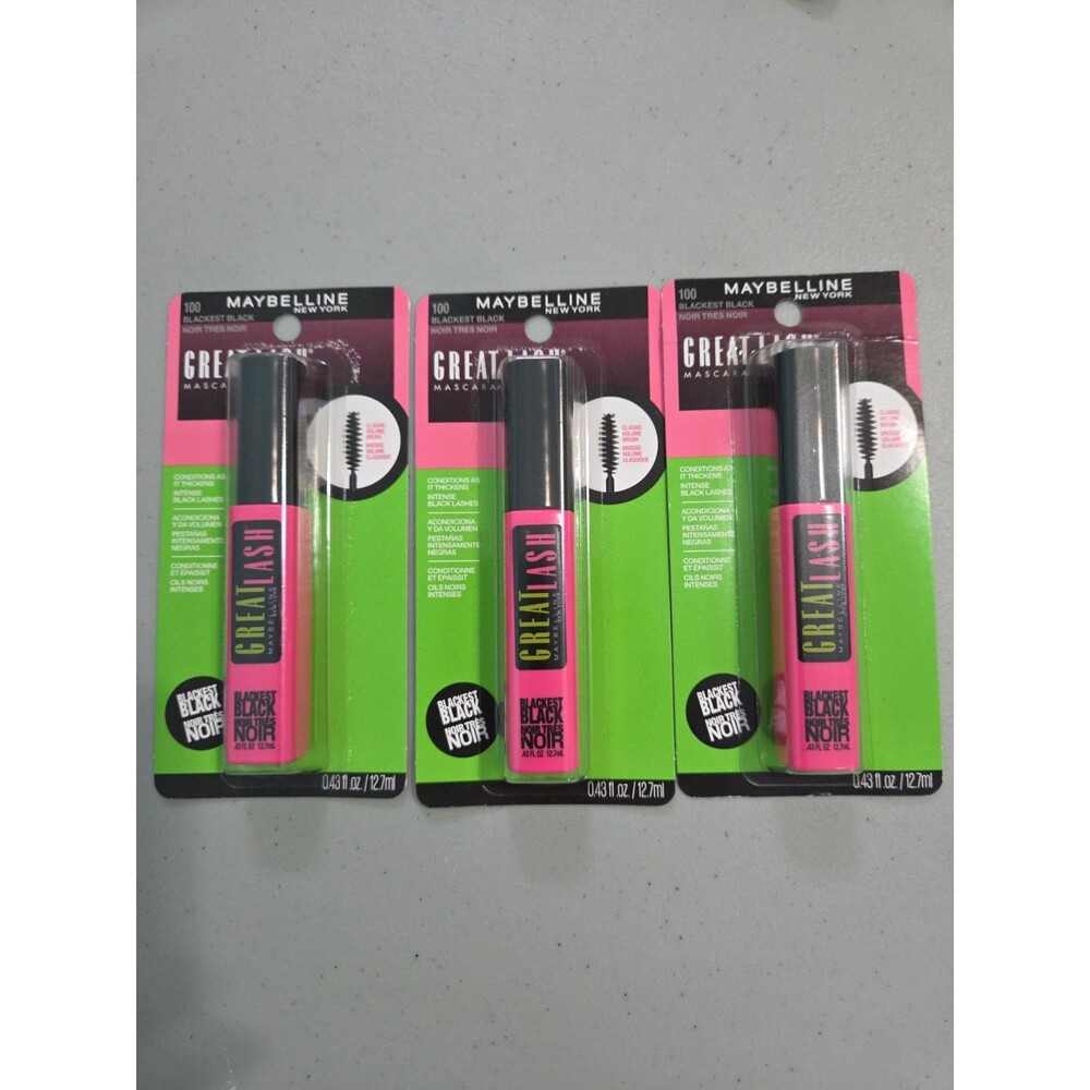 Maybelline Great Lash Mascara #100 Blackest Black lot of three new